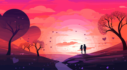 romantic couple hugging on crimson sunset with hearts. vector illustration - obrazy, fototapety, plakaty