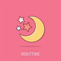 Vector cartoon nighttime moon and stars icon in comic style. Lunar night concept illustration pictogram. Moon business splash effect concept.
