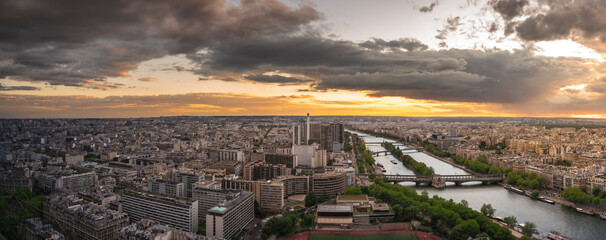 Beautiful view from the top of Eiffel tower during the sunset in Paris, France.