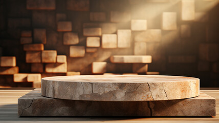 empty concrete natural stone podium for showing packaging and product on blurred background, copy space ,3d rendered