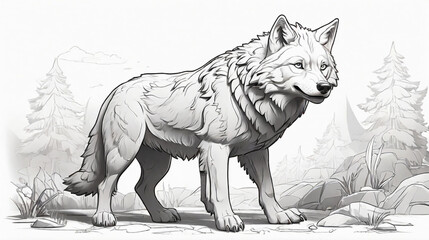 black and white outline art for kids coloring book page on a wolf Coloring pages for kids, clean line art, white background