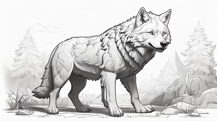 Foto op Canvas black and white outline art for kids coloring book page on a wolf Coloring pages for kids, clean line art, white background © SL Arts