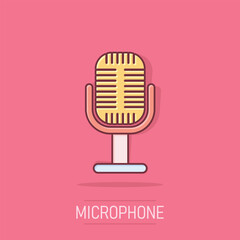 Microphone icon in comic style. Mic broadcast vector cartoon illustration pictogram. Microphone mike speech business concept splash effect. - obrazy, fototapety, plakaty
