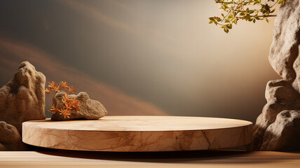 empty concrete natural stone podium for showing packaging and product on blurred background, copy space ,3d rendered