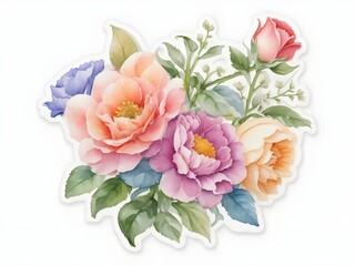 Variety of flowers theme sticker. Watercolor illustration for greeting cards, keychain, postcards, and other printable.