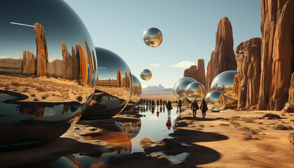 Conceptual reflective material sphere in outdoor wilderness