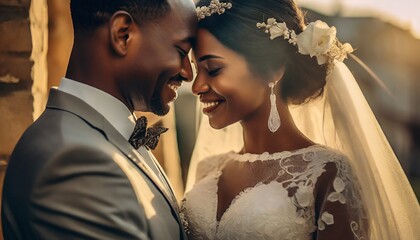 Beautiful Wedding Couple, Dressed up in Romantic Environment holding a Wedding Bouquet.