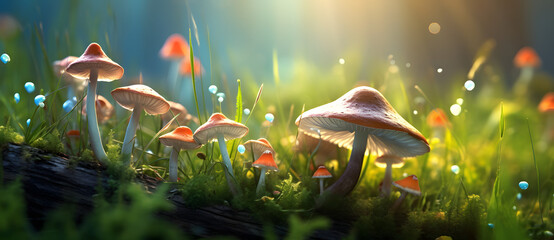 Mushrooms growing in a forest with magical lighting - obrazy, fototapety, plakaty