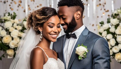 Beautiful Wedding Couple, Dressed up in Romantic Environment holding a Wedding Bouquet.