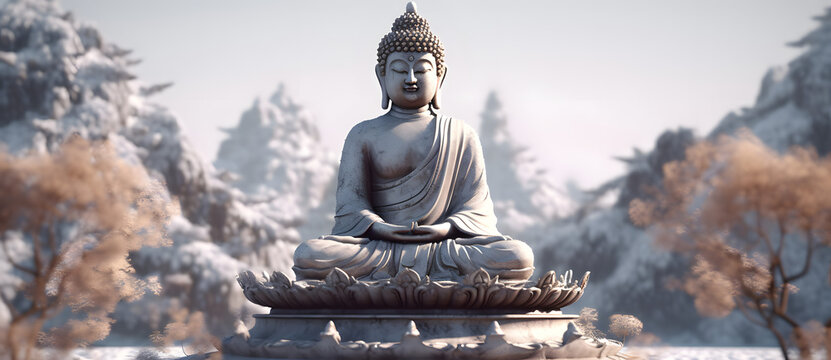 Buddha statue with ornate halo in warm light
