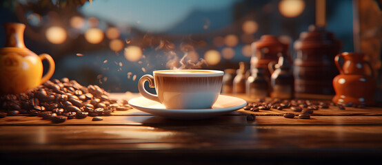 Steaming coffee cup with coffee beans on wooden table - obrazy, fototapety, plakaty