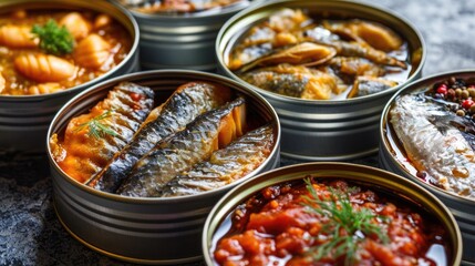 assortment of canned fish in open tins