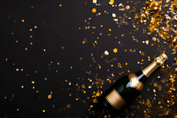 Photo of celebration background with golden champagne bottle, confetti stars and party