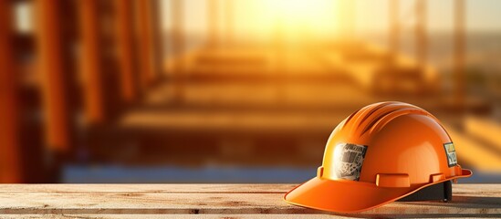 construction safety equipment helmet on construction site orange sun background - obrazy, fototapety, plakaty