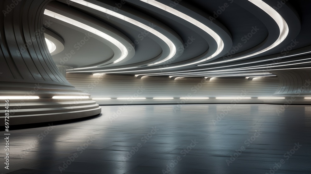 Poster an empty room with a lot of light coming from the ceiling. futuristic parking lot, illuminated space