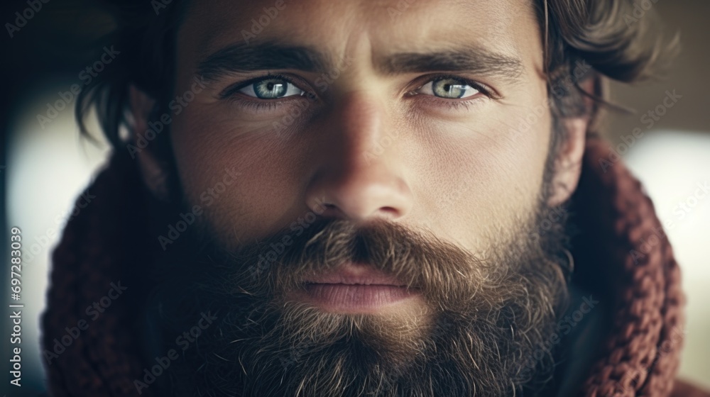 Poster A close-up photograph capturing the features of a man with a beard. Suitable for various uses