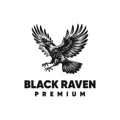 vector logo black raven fly isolated on white