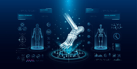 Ankle joint bone health care technology with scan virtual interface hologram style. X ray and MRT human body examination. Medical diagnostic with HUD, GUI. Analysis in futuristic laboratory. Vector.
