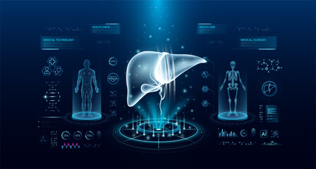 Liver health care technology with scan virtual interface hologram style. X ray and MRT human body examination. Medical diagnostic with HUD, UI, GUI. Analysis in futuristic laboratory. Vector EPS10. - obrazy, fototapety, plakaty
