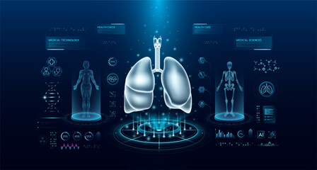 Lung health care technology with scan virtual interface hologram style. X ray and MRT human body examination. Medical diagnostic with HUD, UI, GUI. Analysis in futuristic laboratory. Vector EPS10.