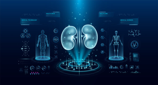Kidney health care technology with scan virtual interface hologram style. X ray and MRT human body examination. Medical diagnostic with HUD, UI, GUI. Analysis in futuristic laboratory. Vector EPS10.