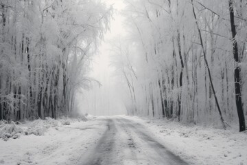 Fototapeta na wymiar A snowy road cutting through a serene forest. Perfect for winter-themed projects and nature landscapes