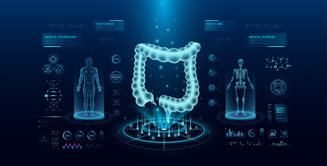 Intestine health care technology with scan virtual interface hologram style. X ray and MRT human body examination. Medical diagnostic with HUD, UI, GUI. Analysis in futuristic laboratory. Vector.