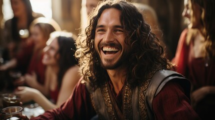A man with long hair smiling at a table. Casual celebrations, friends getting together.