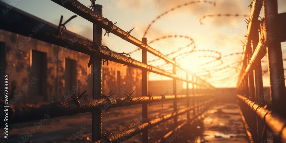 Poster A picture of a fence with barbed wire on top. Can be used to represent security, boundaries, or confinement