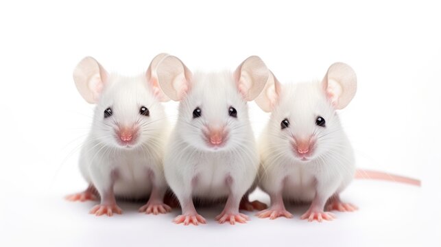 Three white mice sitting next to each other. Laboratory mice, animal research concept image.