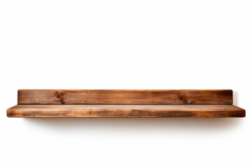 a wooden shelf with a white wall behind it
