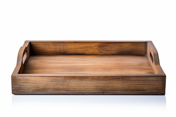 a wooden tray with a handle on a white surface - obrazy, fototapety, plakaty