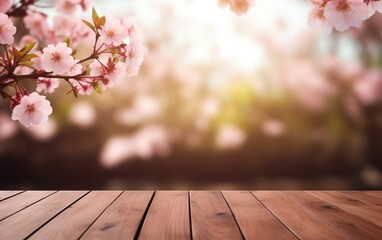 Naklejka na ściany i meble Empty wood table top with blurred Cherry blossoms and soft sun light in garden background