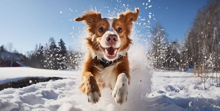 golden retriever running in snow, a realistic photo of a dog playing with snow