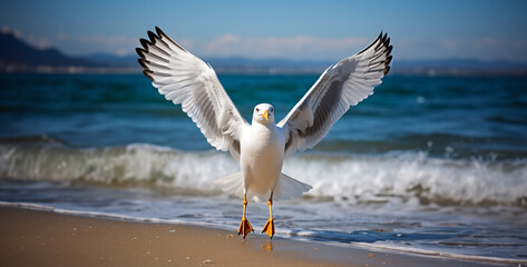 seagull flying in the sky, seagull on the beach, Showcase The seagull with Its wings folded