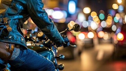 A true urban hero, the motorcyclist dominates the concrete jungle with their fearless spirit. Cropped night photo. - obrazy, fototapety, plakaty