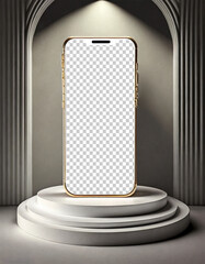 Pristine White Smartphone on Polished Podium with Blank Canvas in Golden-Hour Glow. Generative Ai