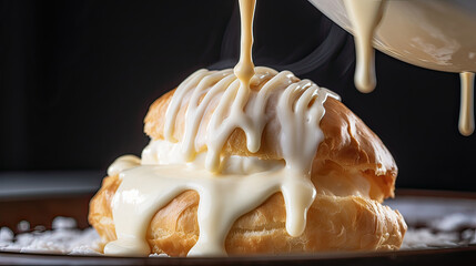 Close-up of a cream puff being filled with rich, vanilla pastry cream, highlighting the creamy texture Ai Generative  
