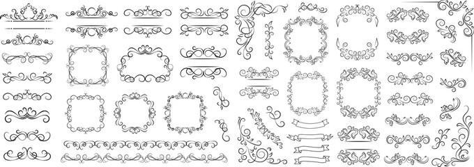 Calligraphic design elements . Decorative swirls or scrolls, vintage frames , flourishes, labels and dividers. - obrazy, fototapety, plakaty