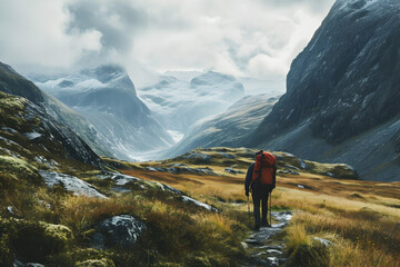 Naklejka premium A scene of a person trekking into an unknown wilderness, symbolizes the risks associated with exploration and adventure