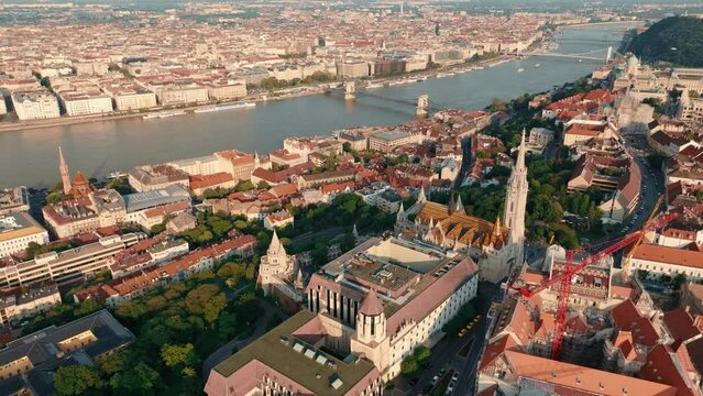 Aerial shot of Matthias Church and Fisherman's Bastion, Budapest, Hungary