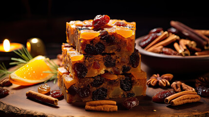Close-up of a fruitcake with a variety of dried fruits and spices,  Ai Generative - obrazy, fototapety, plakaty