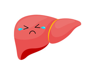 Cute sad liver cartoon character. Healty food for liver concept. Vector illustration.