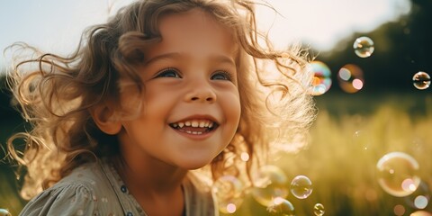 AI Generated. AI Generative. Happy fun child kid playing with soap bubbles outdoot nature meadow background. Face portrait with curvy hair. Graphic Art - obrazy, fototapety, plakaty