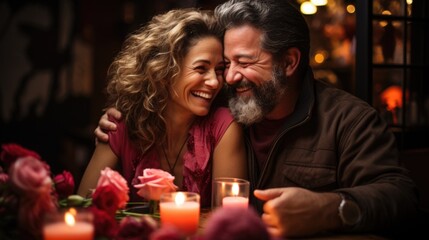 A man and a woman sitting at a table with candles. Celebrate Valentine's Day with a mature romance