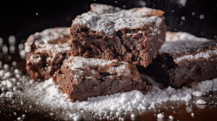 Close-up of a fudgy chocolate brownie square with a dusting of powdered sugar Ai Generative - obrazy, fototapety, plakaty