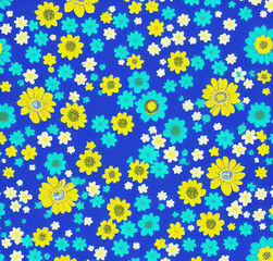 Colorful floral pattern, template design, blue wallpaper with flowers, vintage backdrop