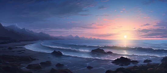 Twilight by the sea. Serene waves, rocky terrain. - obrazy, fototapety, plakaty