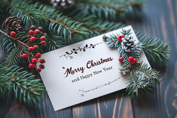 Christmas greeting card with green branches. Merry Christmas and Happy New Year.