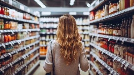 woman comparing products in a grocery store, supermarket, store, retail, food, shopping, groceries, consumerism, choice, customer, market, purchase, buy, sale, consumer, choosing. - obrazy, fototapety, plakaty
